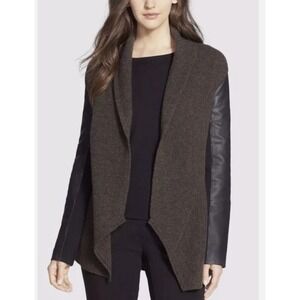Eileen Fisher Peat Leather Sleeves Lambswool‎ Cardigan Sweater Brown Size Large